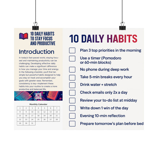 Checklist Satin Poster - Daily Habits, Stay Focused & Productive (Digital + Print Options)