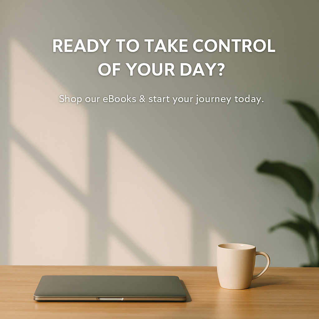 Table with tablet and mug, text overlay promoting eBooks on a neutral background